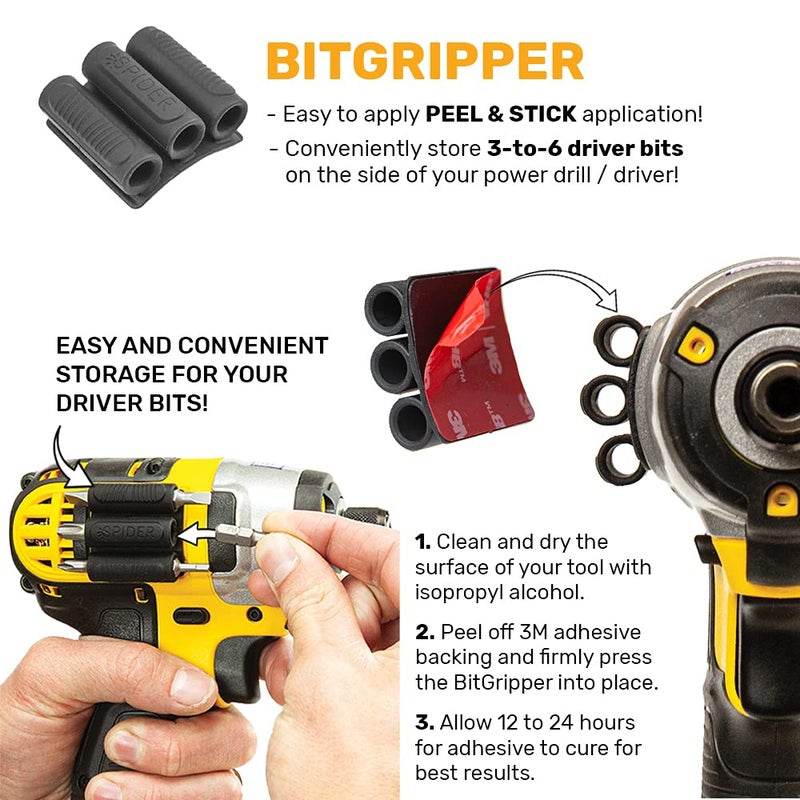 Spider Tool Holster - BitGripper v2 - Pack of Four - High Strength 3M Adhesive Drill add-on for Easy Access to six Driver bits on The Side of Your Power Drill or Driver! - Image 3
